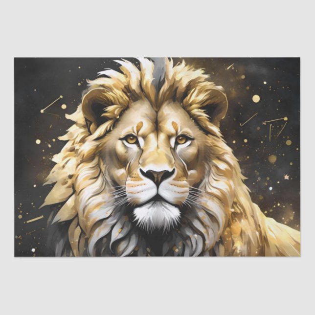 Papier Mousseline Lion Mâle Majestic D'Or Et De Gris, (Recto)