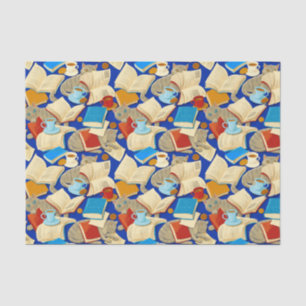 Papier Mousseline Livres et chats en bleu