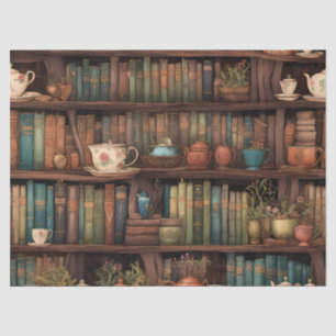 Papier Mousseline Livres, théières et plantes sur des étagères