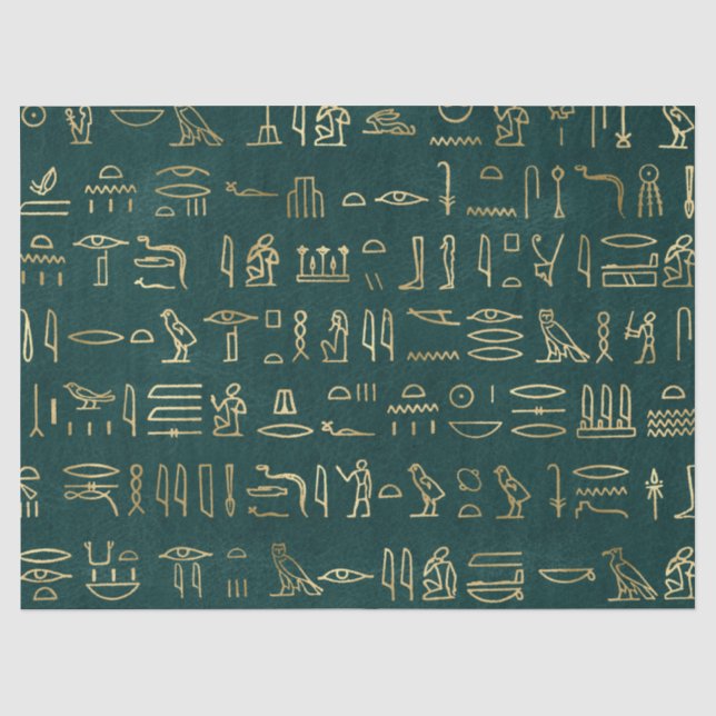 Papier Mousseline L'or métallique Hiéroglyphes égyptiens sur le vert (Recto)