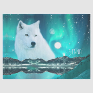 Papier Mousseline Loup arctique et nuit magique avec aurores boréale