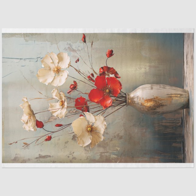 Papier Mousseline Lumière Grise Bleue Rustique, Fleurs Beige & Rouge (Recto)