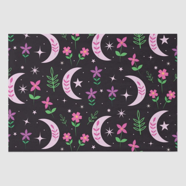 Papier Mousseline Lune Boho avec fleurs roses et Feuilles (Recto)