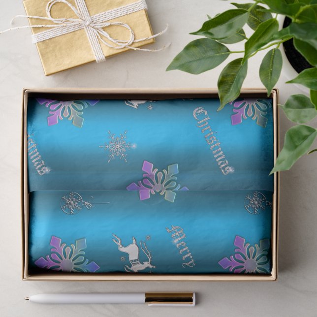 Papier Mousseline Luxe Blue Christmas Snowflakes et rennes (Cadeau)