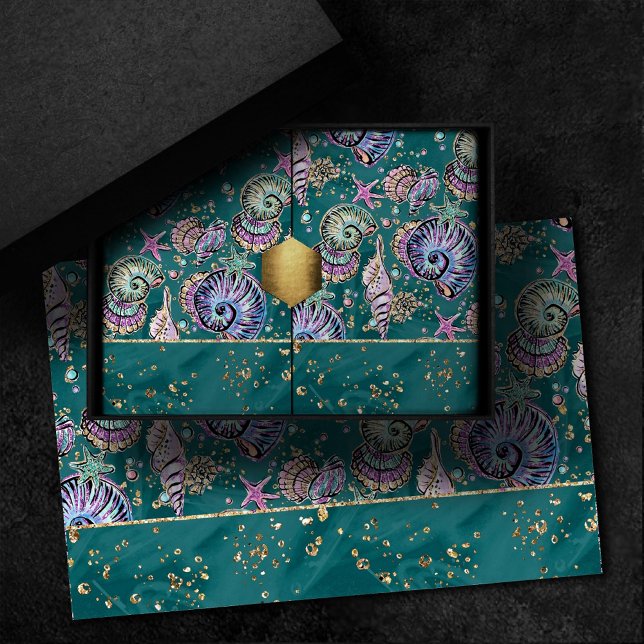 Papier Mousseline Luxe Turquoise sous-marin | Coquillages d'or Green (Créateur téléchargé)