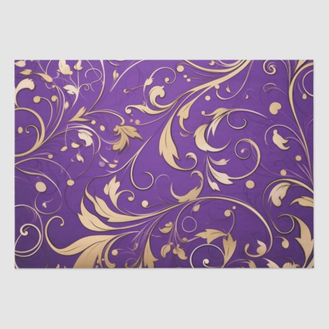 Papier Mousseline Luxueux Royal Purple et Gold Damask Motif (Recto)