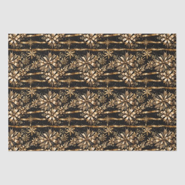 Papier Mousseline Luxueux Snowflakes Black Gold Bow Noël (Recto)