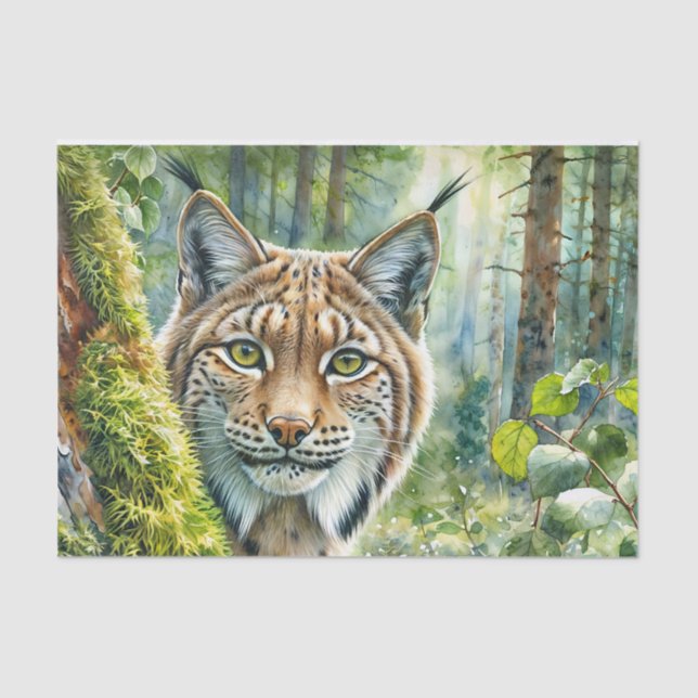 Papier Mousseline Lynx dans l'aquarelle de la forêt verte luxuriante (Recto)