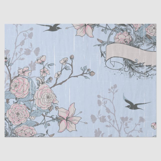 Papier Mousseline Lys rose asiatique et Roses en bleu (Recto)