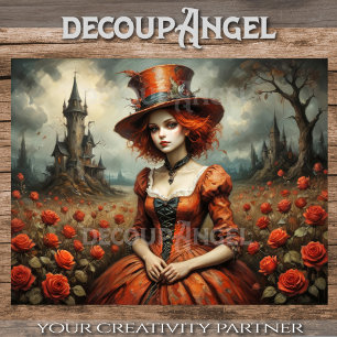 Papier Mousseline Mad Hatter Girl in Rose Garden Decoupage