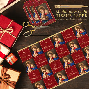 Papier Mousseline Madonna & Enfant Rouge Or Noël religieux
