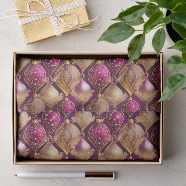 Papier Mousseline Magenta Gold Christmas Pattern#12 ID1009 (Cadeau)