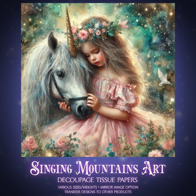 Papier Mousseline Magical Unicorn And Girl Friendship Decoupage  (Créateur téléchargé)