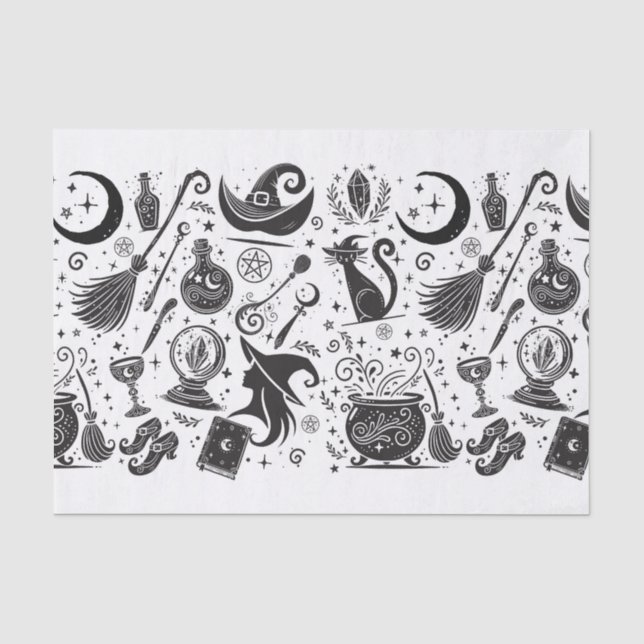 Papier Mousseline Magique Sorcière Whimsical Wiccan Pagan noir & bla (Recto)