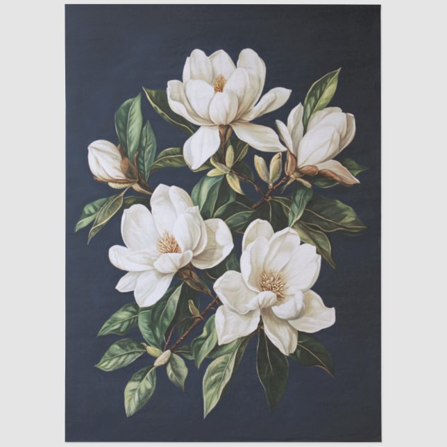 Papier Mousseline Magnolias blancs sur la Découpage bleu marine (Recto)