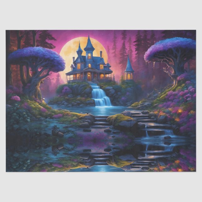 Papier Mousseline Maison gothique sur Hill avec cascades (Recto)