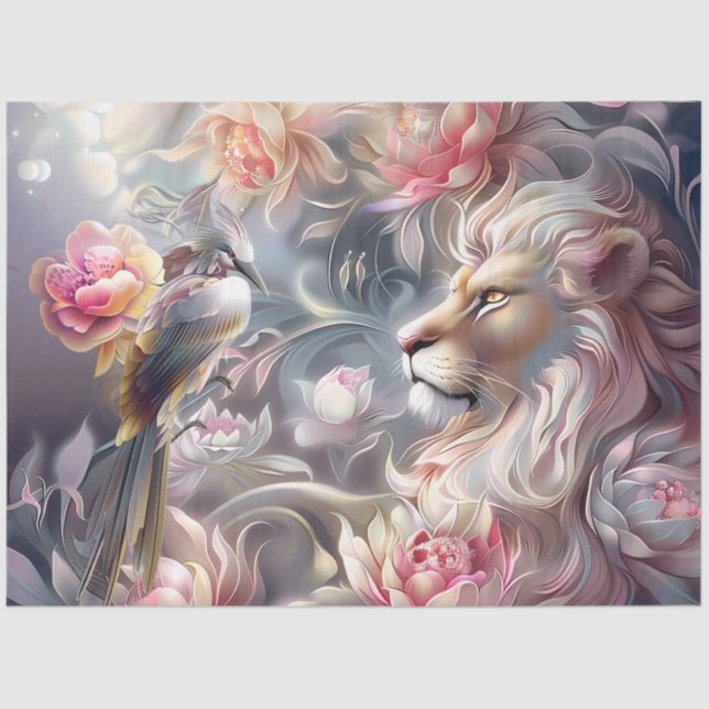 Papier Mousseline Majestic Elegant  Floral Lion Head & Bird (Recto)