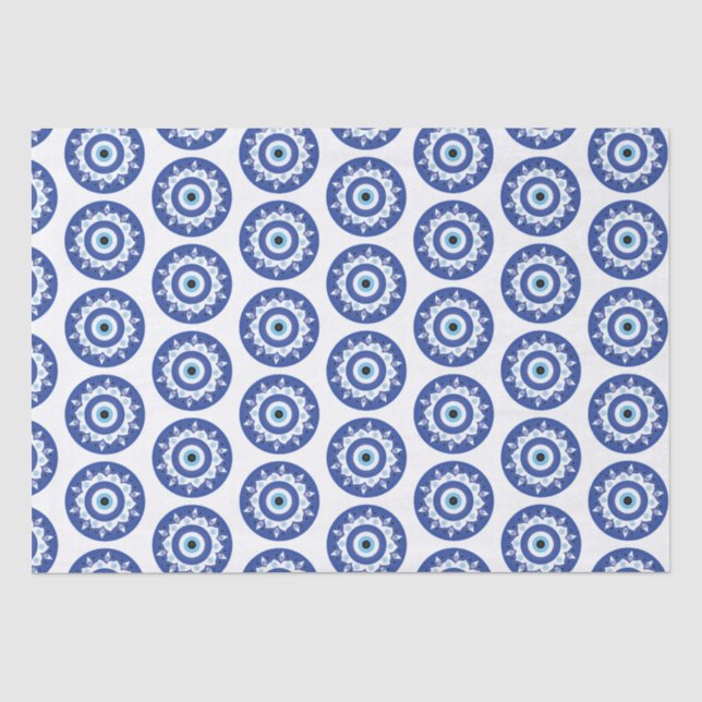 Papier Mousseline Mandala Grec Mal Eye Motif Bleu Blanc (Recto)