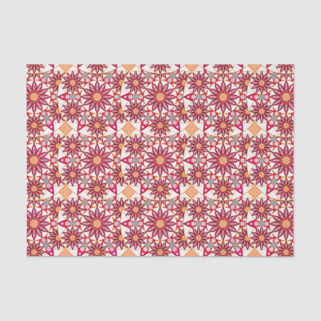 Papier Mousseline Mandala motif, corail, pêche, blanc et gris (Recto)