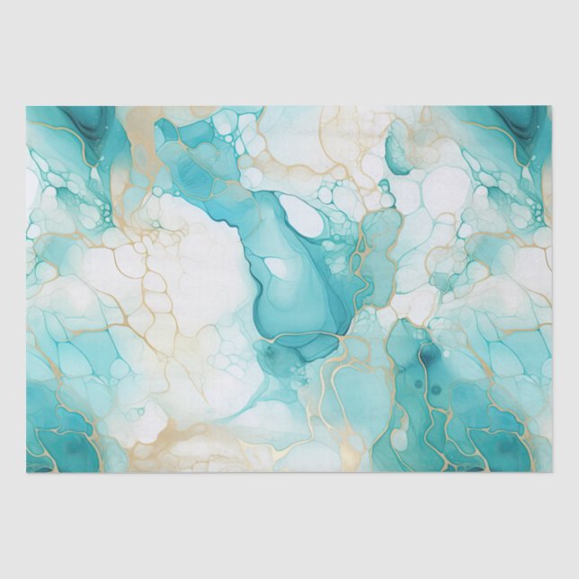 Papier Mousseline Marbre blanc d'or Aqua Mint (Recto)
