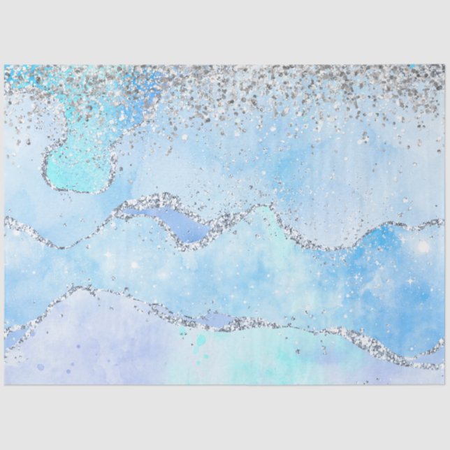 Papier Mousseline Marbre bleu de luxe et Parties scintillant d'argen (Recto)