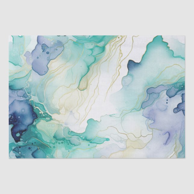 Papier Mousseline Marbre d'encre bleue Mint Aqua (Recto)