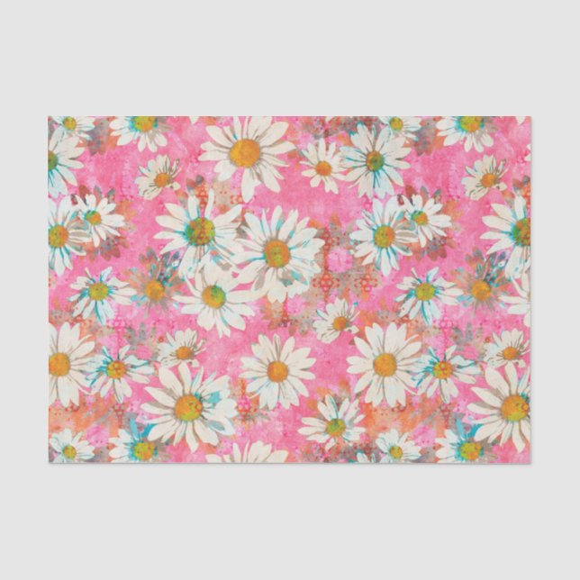 Papier Mousseline Marguerites blanches sur le motif floral rose (Recto)