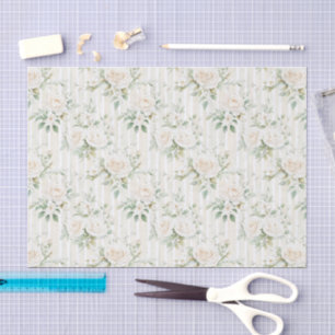 Papier Mousseline Mariage aux rayures florales de roses blanches aux