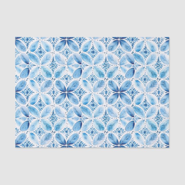 Papier Mousseline Mariage Blanc Bleu Floral Batik (Recto)