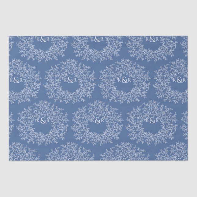 Papier Mousseline mariage bleu monogramme dessiné à la main feuille (Recto)