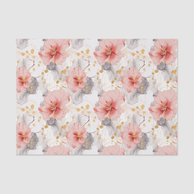 Papier Mousseline Mariage Fleurie Corail Rose Gris (Recto)