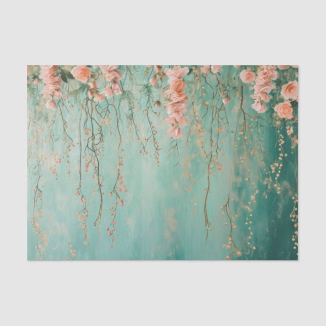 Papier Mousseline Mariage Fleurs Teinte Romantique de Bleu-vert (Recto)