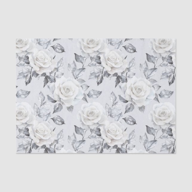 Papier Mousseline Mariage Floral Gris Argenté Chic Blanc (Recto)