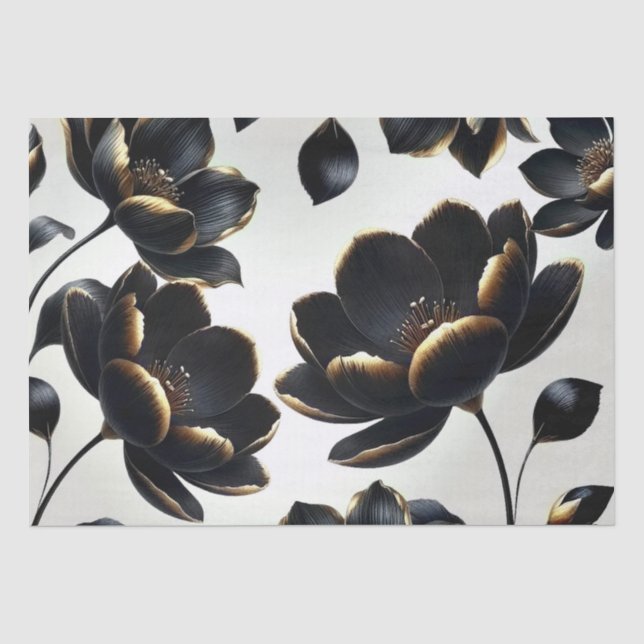 Papier Mousseline Mariage noir & or Floral Greige (Recto)