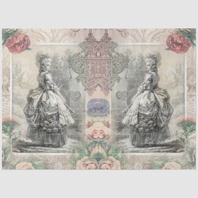 Papier Mousseline Marie Antoinette Aquarelle Fleurs Paire Découpage (Recto)