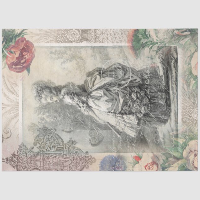 Papier Mousseline Marie Antoinette Aquarelle rose Fleurs Découpage (Recto)