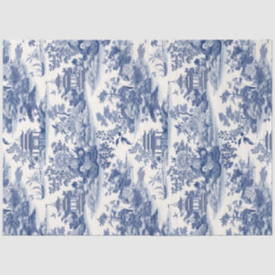 Papier Mousseline Marine bleu Chinoiserie fleurs bâtiment château