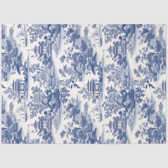 Papier Mousseline Marine bleu Chinoiserie fleurs bâtiment château (Recto)