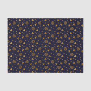 Papier Mousseline Marine Blue Faux Gold Foil Floral Feuilles