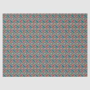 Papier Mousseline Maroon, Motif ethnique Turquoise, Fleurs, Chevrons