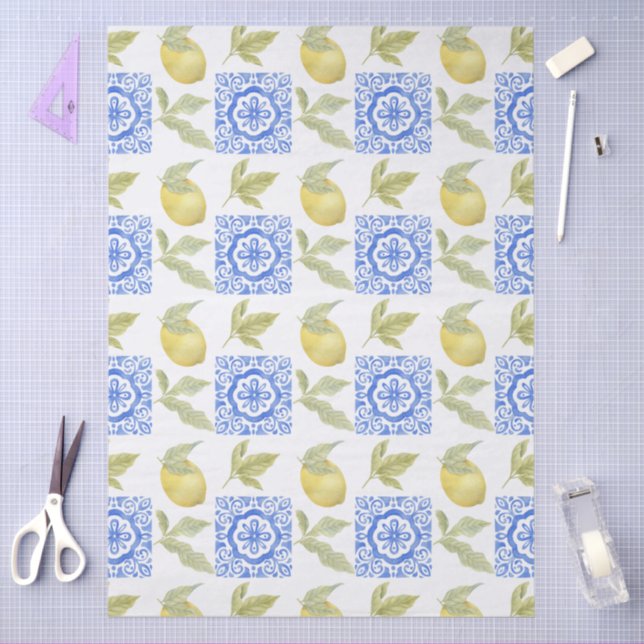 Papier Mousseline Mediterrenean Citrus Lemon pattern (Artisanat)