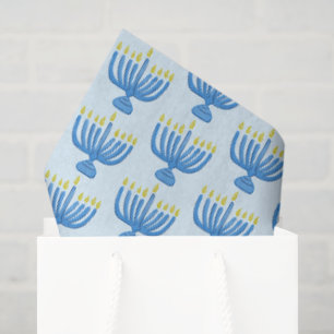 Papier Mousseline Menorah botanique de Hanouka aquarelle bleue