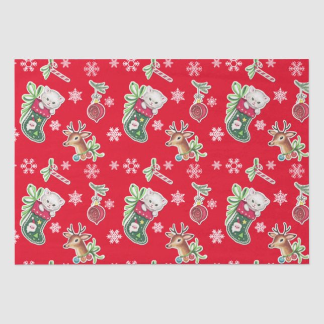 Papier Mousseline Meowy Christmas Happy Reindeer on Red (Recto)