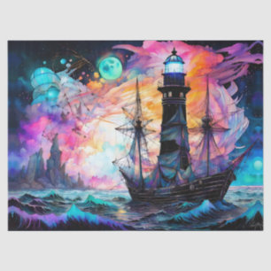 Papier Mousseline Mer orageuse, phare de bateau Lune Abstrait