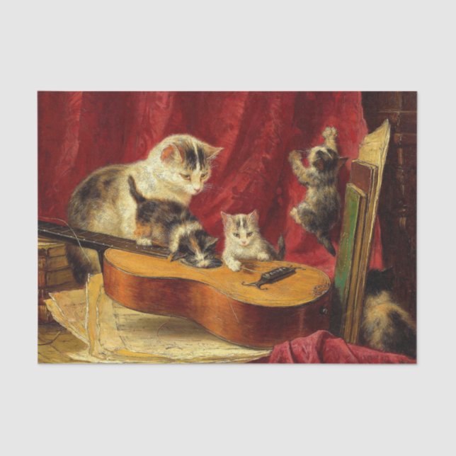 Papier Mousseline Mère Chat et chatons Jouer avec la guitare (Recto)
