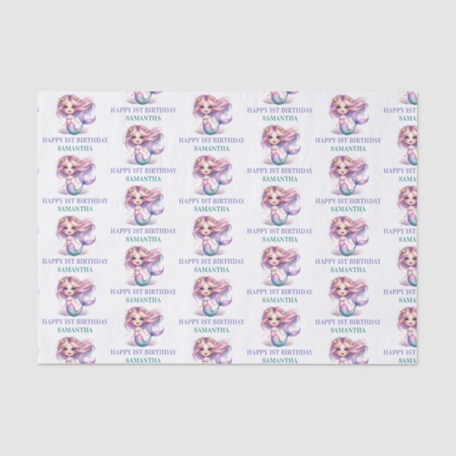 Papier Mousseline Mermaid heureux 1er anniversaire violet et turquoi (Recto)