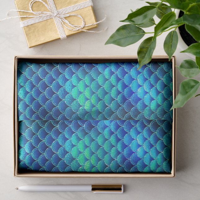 Papier Mousseline Mermaid Scales Motif Blue ID600 (Cadeau)