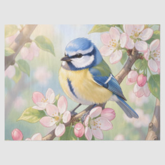 Papier Mousseline  Mésange bleue sur découpage printanier de pommier