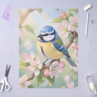 Papier Mousseline Mésange bleue sur un pommier de printemps en décou