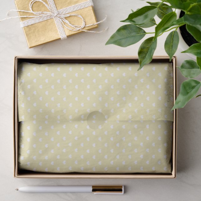 Papier Mousseline Micro cœurs blancs - Jaune Beurre  (Cadeau)
